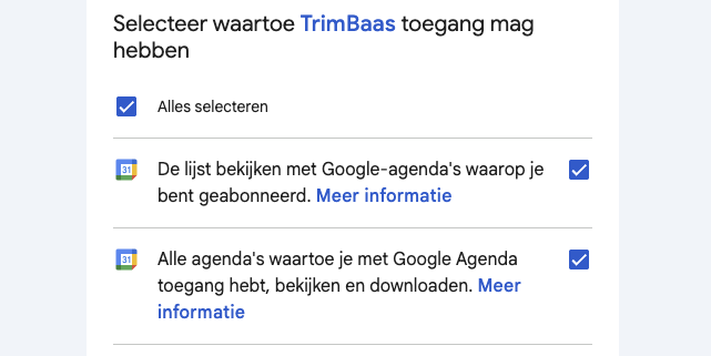 Toestemmingsscherm bij het veilig koppelen van Google Agenda aan TrimBaas