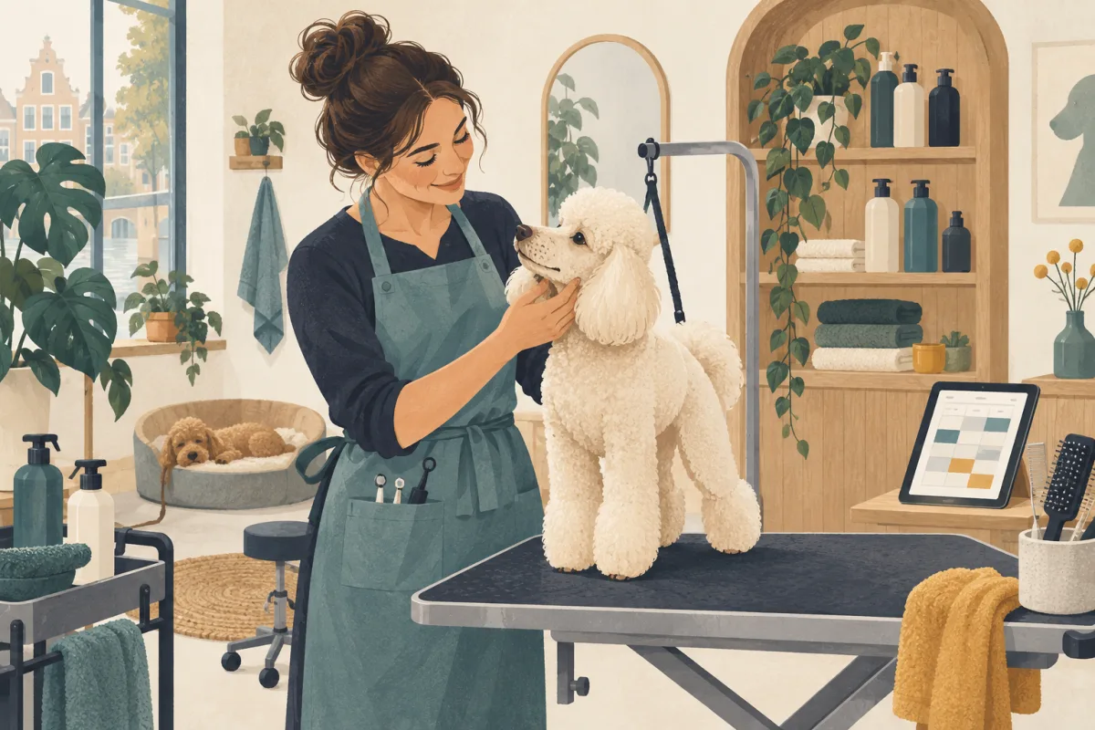 Illustratie van een trimmer die rustig een poedel verzorgt, met haar salonagenda binnen handbereik